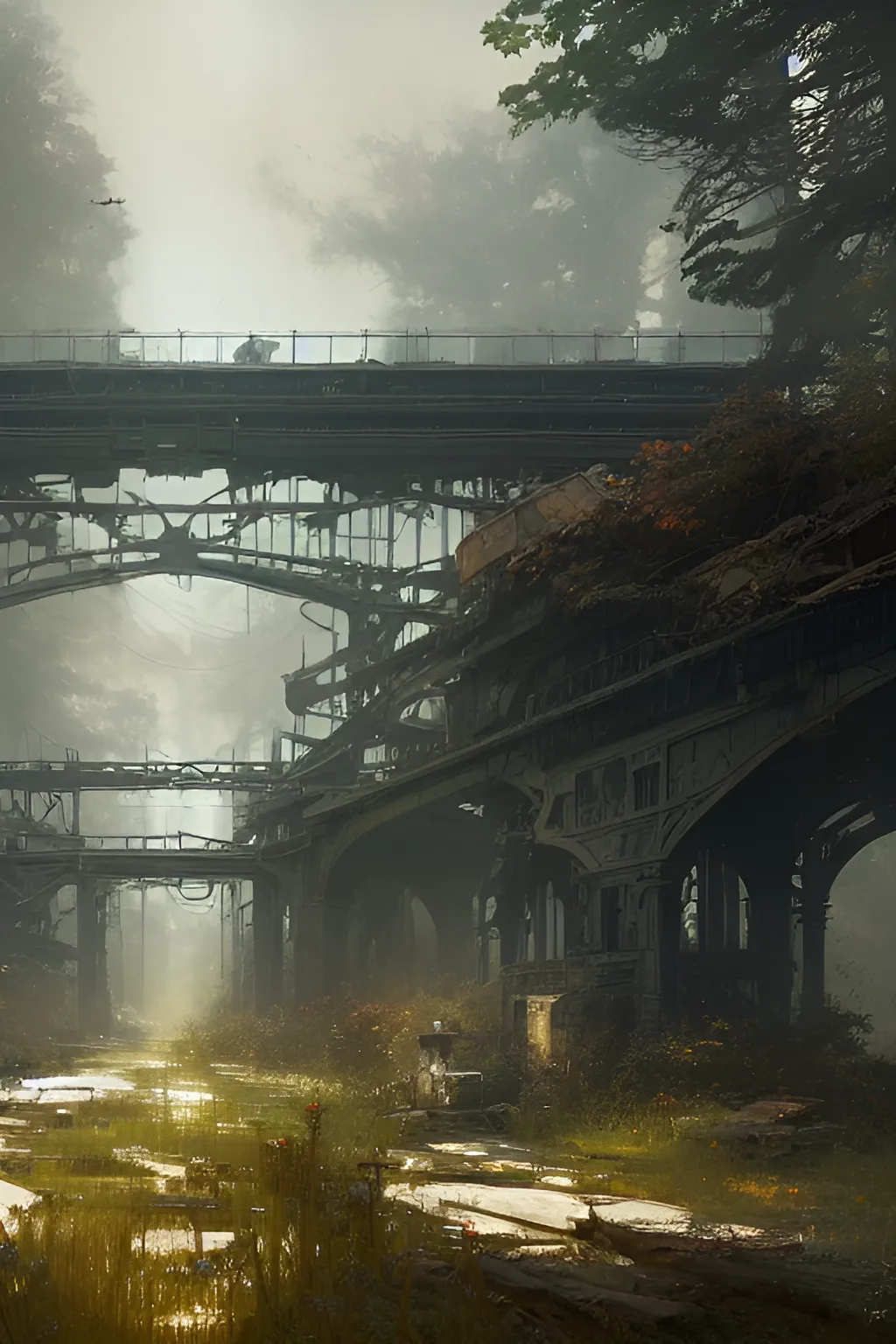 A wide shot, abandoned, overgrown, railroad system 
